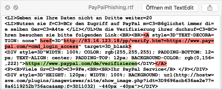 PayPal Phishing Beispiel Quelltext